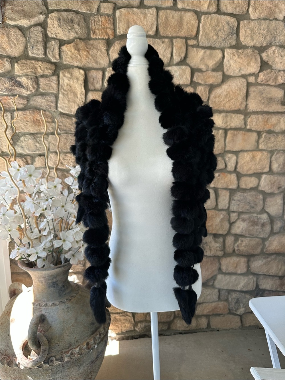 Black real rabbit Fur Braided Shawl Cape - Elegant Draped Wrap